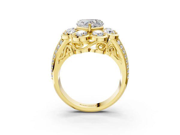 Yellow gold Heart Brilliant Flower Halo Diamond Split Shank Ring