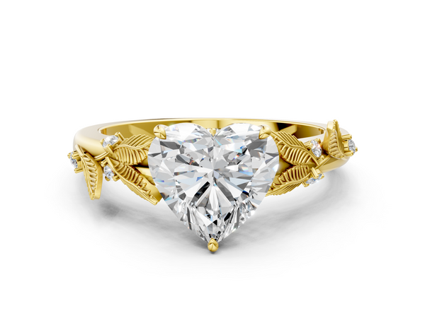 Yellow gold Heart Cut Diamond Solitaire Ring with Leaf Motif Band and Four-Prong Setting