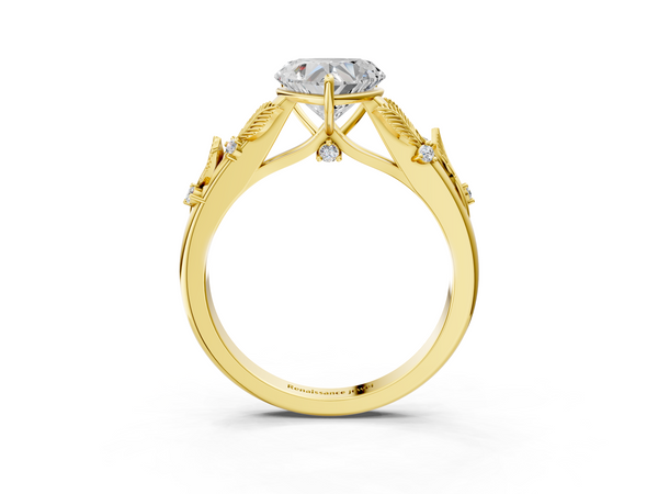 Yellow gold Heart Cut Diamond Solitaire Ring with Leaf Motif Band and Four-Prong Setting