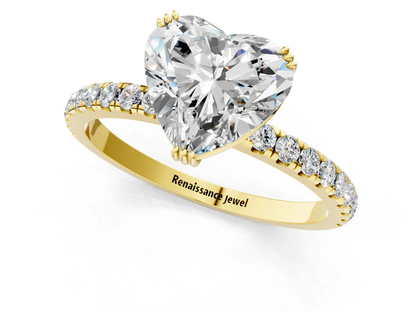 Yellow gold Heart Brilliant Solitaire with Pavé Band and Claw Prong Setting