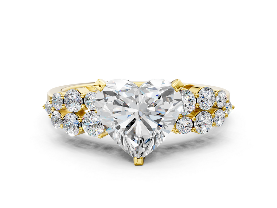 Yellow gold Heart Cluster Diamond Engagement Ring with Pavé Band and Four-Prong Setting