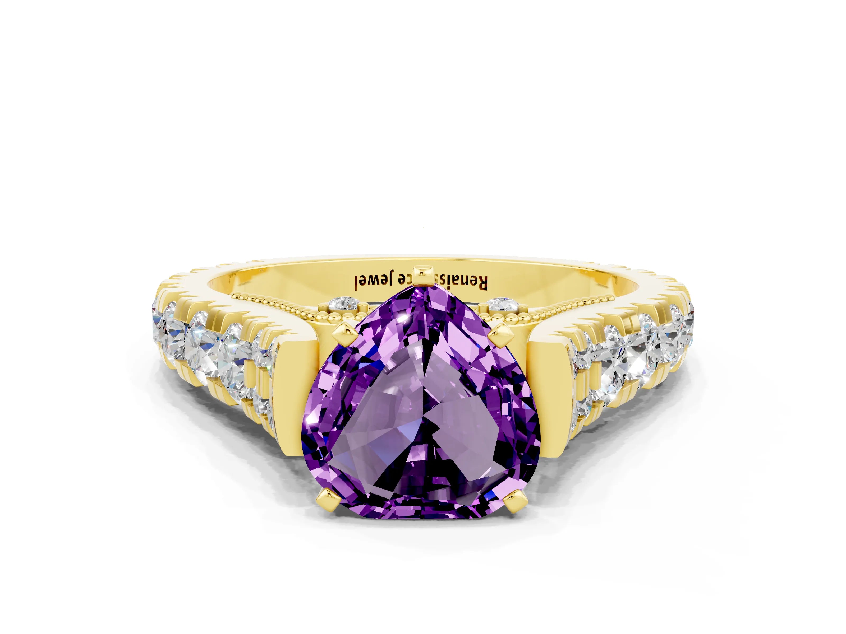 Yellow gold Heart Cut Amethyst Classic Solitaire Ring with Pavé Band and Four-Prong Setting