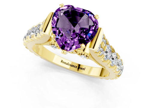 Yellow gold Heart Cut Amethyst Classic Solitaire Ring with Pavé Band and Four-Prong Setting_1