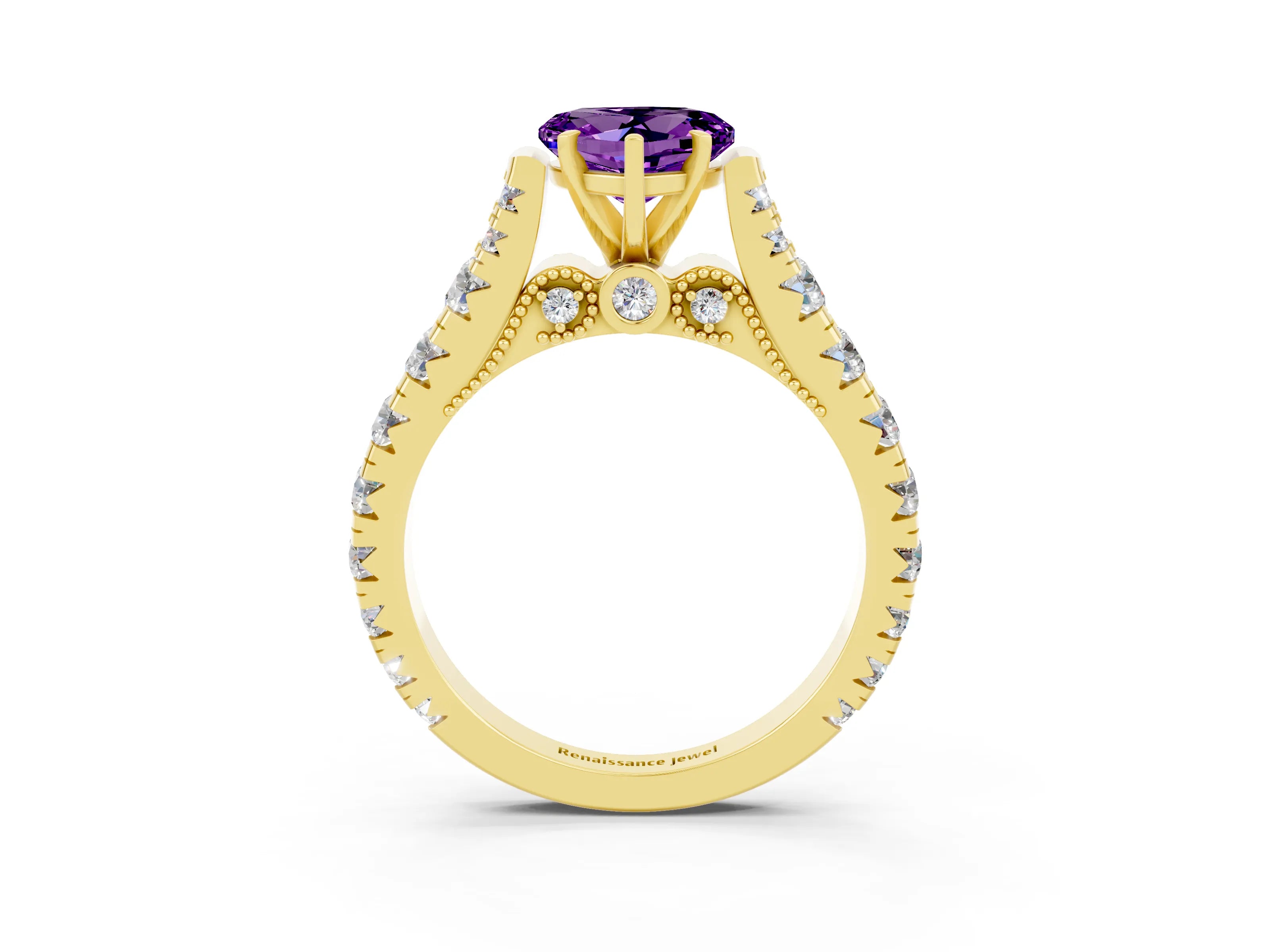 Yellow gold Heart Cut Amethyst Classic Solitaire Ring with Pavé Band and Four-Prong Setting_3