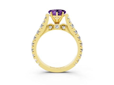 Yellow gold Heart Cut Amethyst Classic Solitaire Ring with Pavé Band and Four-Prong Setting_3