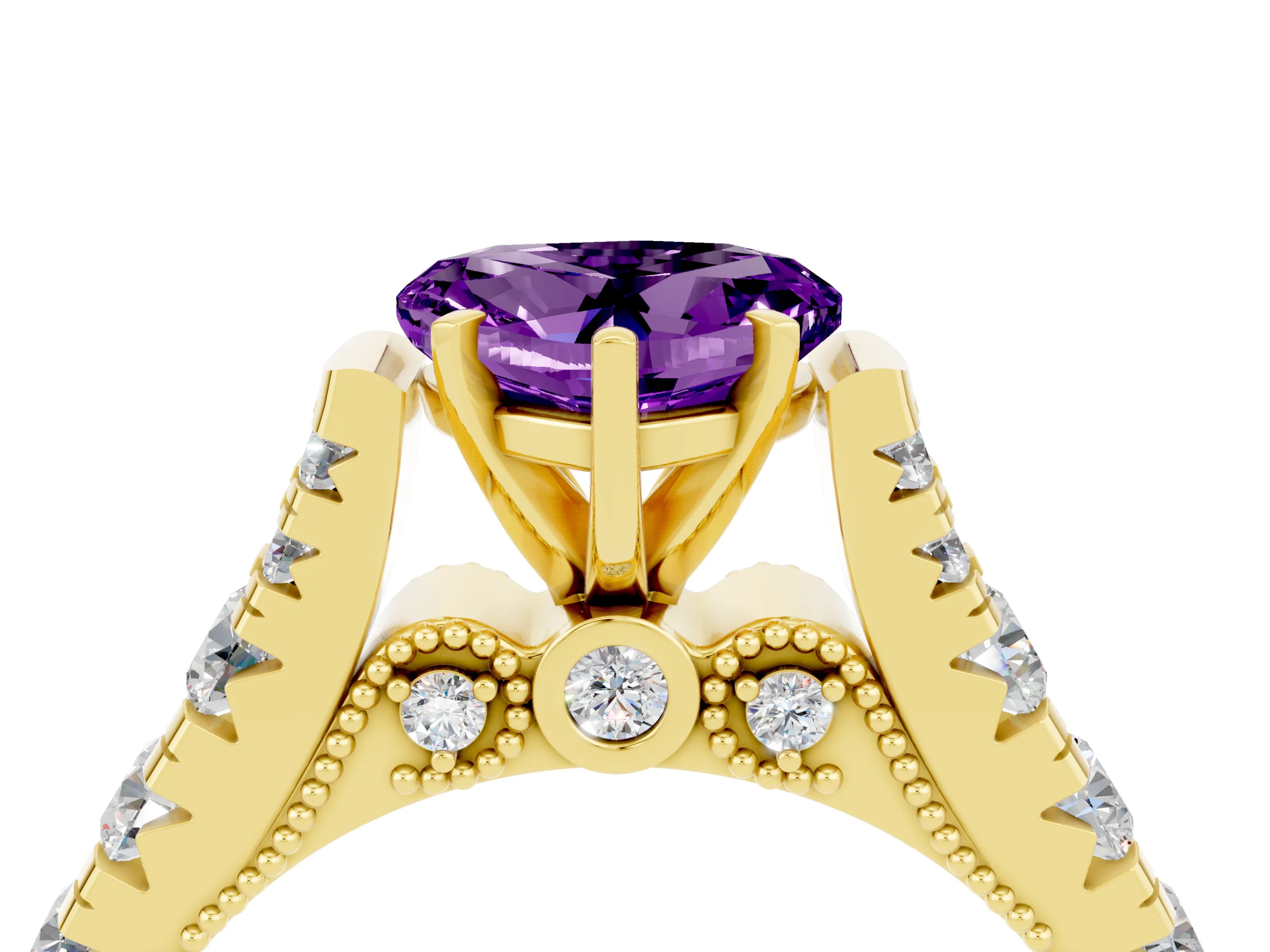 Yellow gold Heart Cut Amethyst Classic Solitaire Ring with Pavé Band and Four-Prong Setting_4