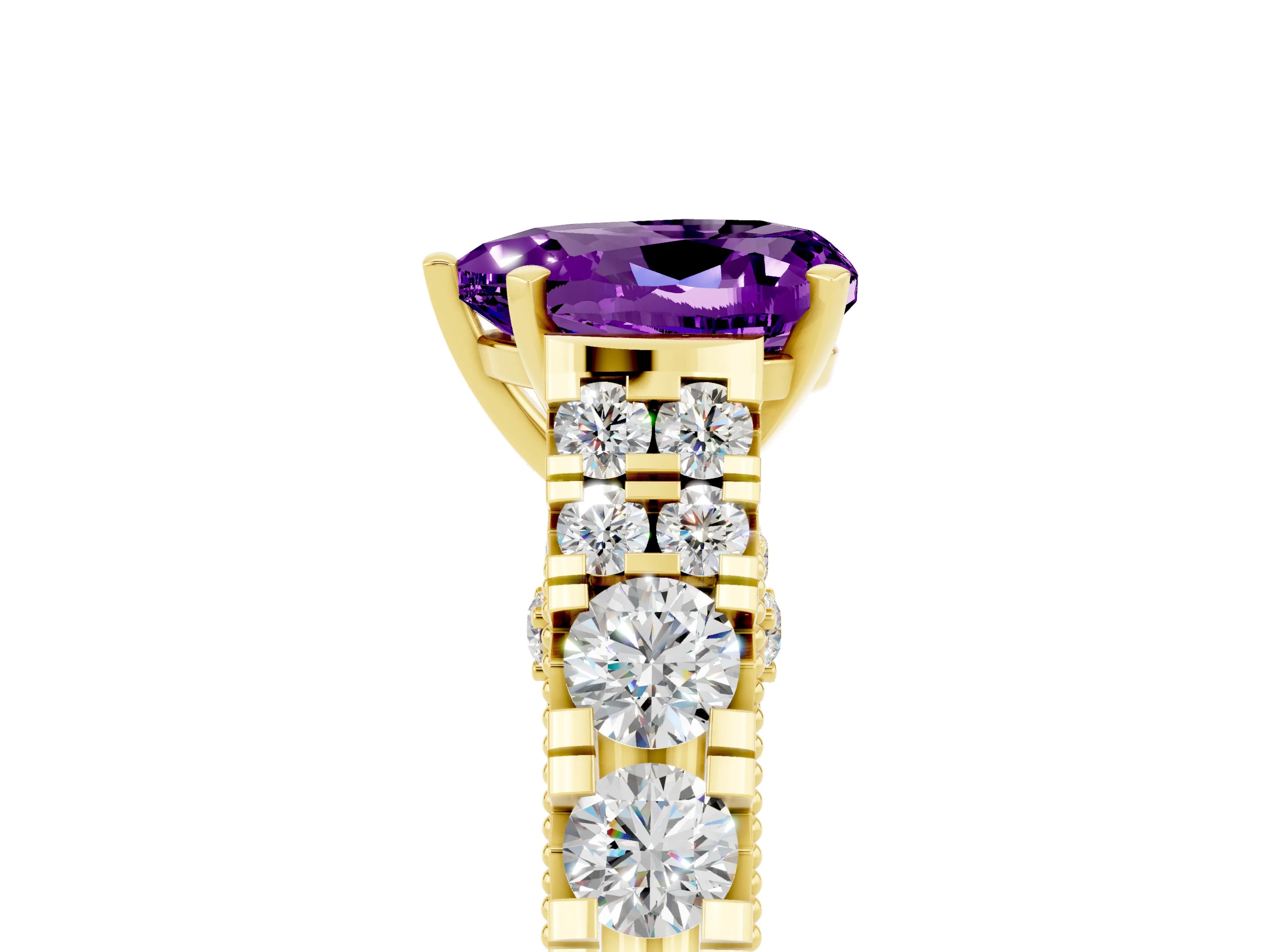 Yellow gold Heart Cut Amethyst Classic Solitaire Ring with Pavé Band and Four-Prong Setting_5