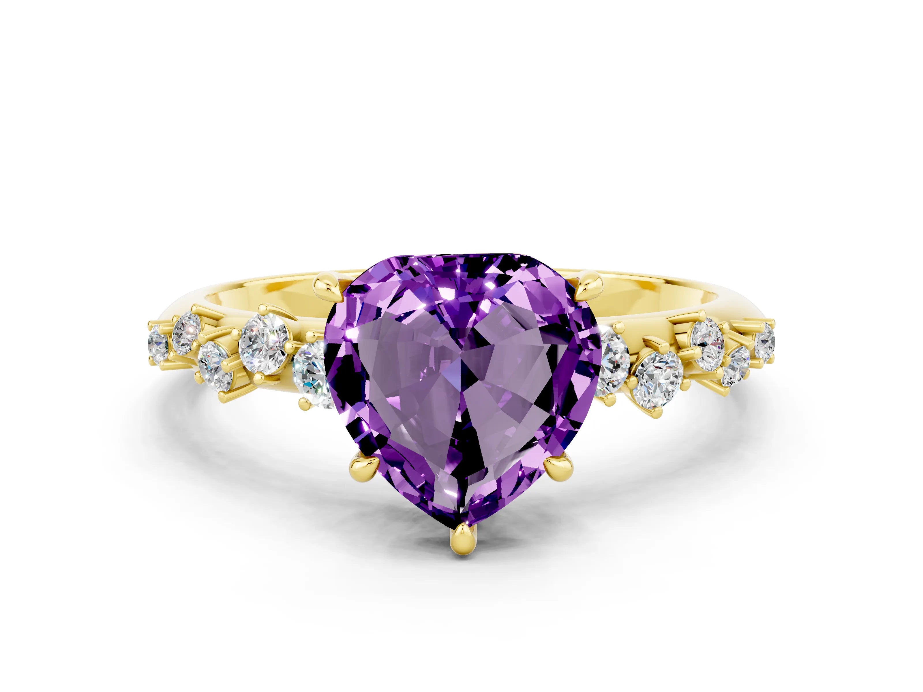 Yellow gold Heart Cut Amethyst Cluster Side Stone Solitaire Ring with Prong Setting_24