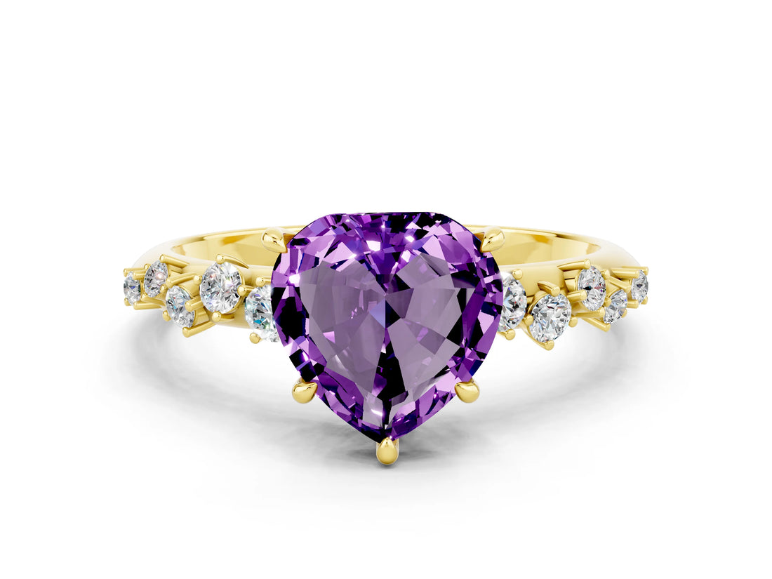 Yellow gold Heart Cut Amethyst Cluster Side Stone Solitaire Ring with Prong Setting_24