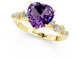 Yellow gold Heart Cut Amethyst Cluster Side Stone Solitaire Ring with Prong Setting_25