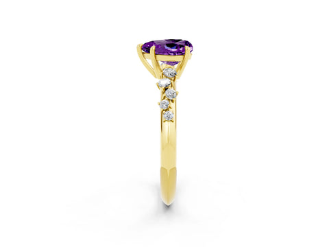 Yellow gold Heart Cut Amethyst Cluster Side Stone Solitaire Ring with Prong Setting_26