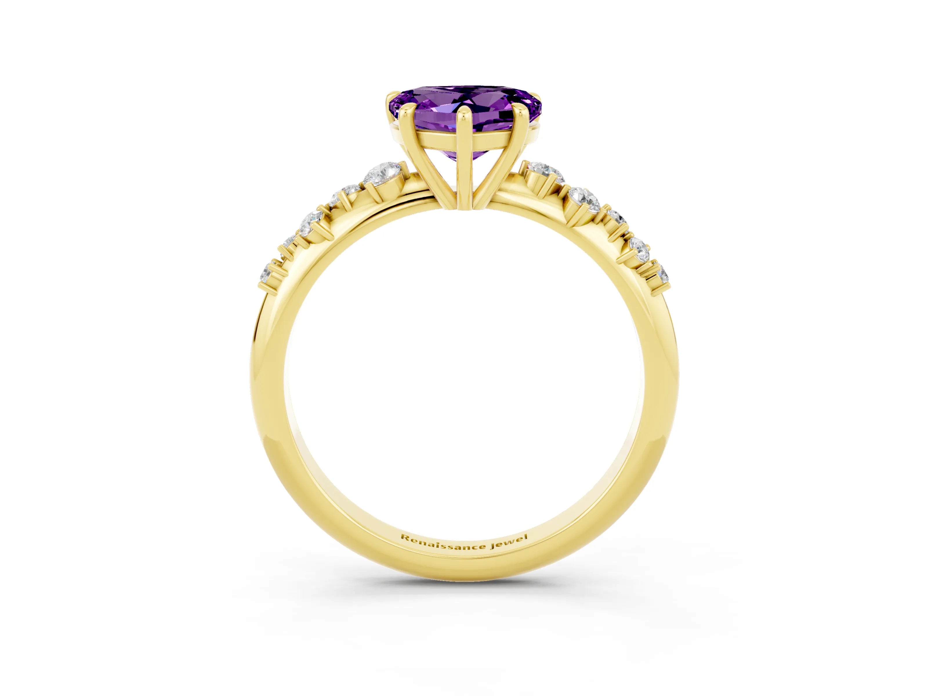 Yellow gold Heart Cut Amethyst Cluster Side Stone Solitaire Ring with Prong Setting_27