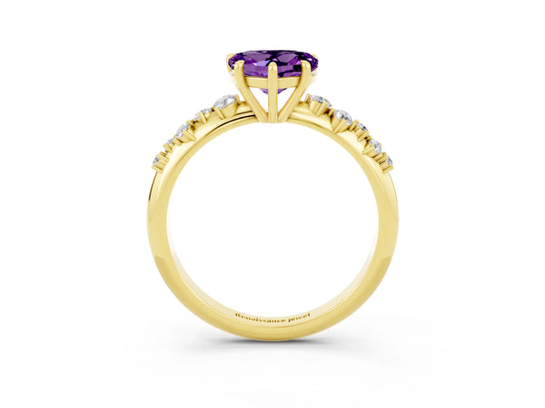 Yellow gold Heart Cut Amethyst Cluster Side Stone Solitaire Ring with Prong Setting