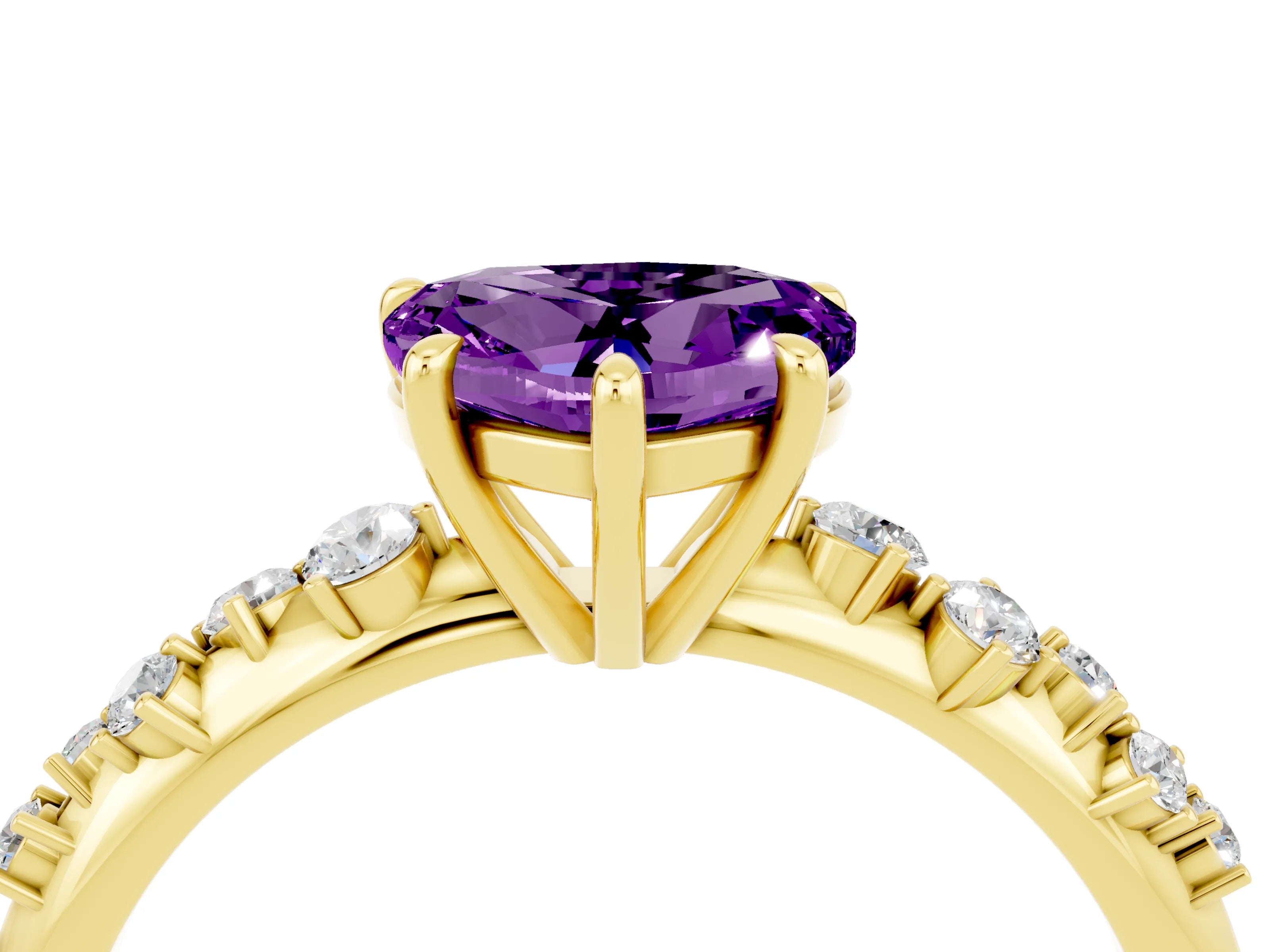 Yellow gold Heart Cut Amethyst Cluster Side Stone Solitaire Ring with Prong Setting_28
