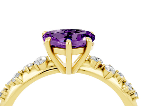 Yellow gold Heart Cut Amethyst Cluster Side Stone Solitaire Ring with Prong Setting_28