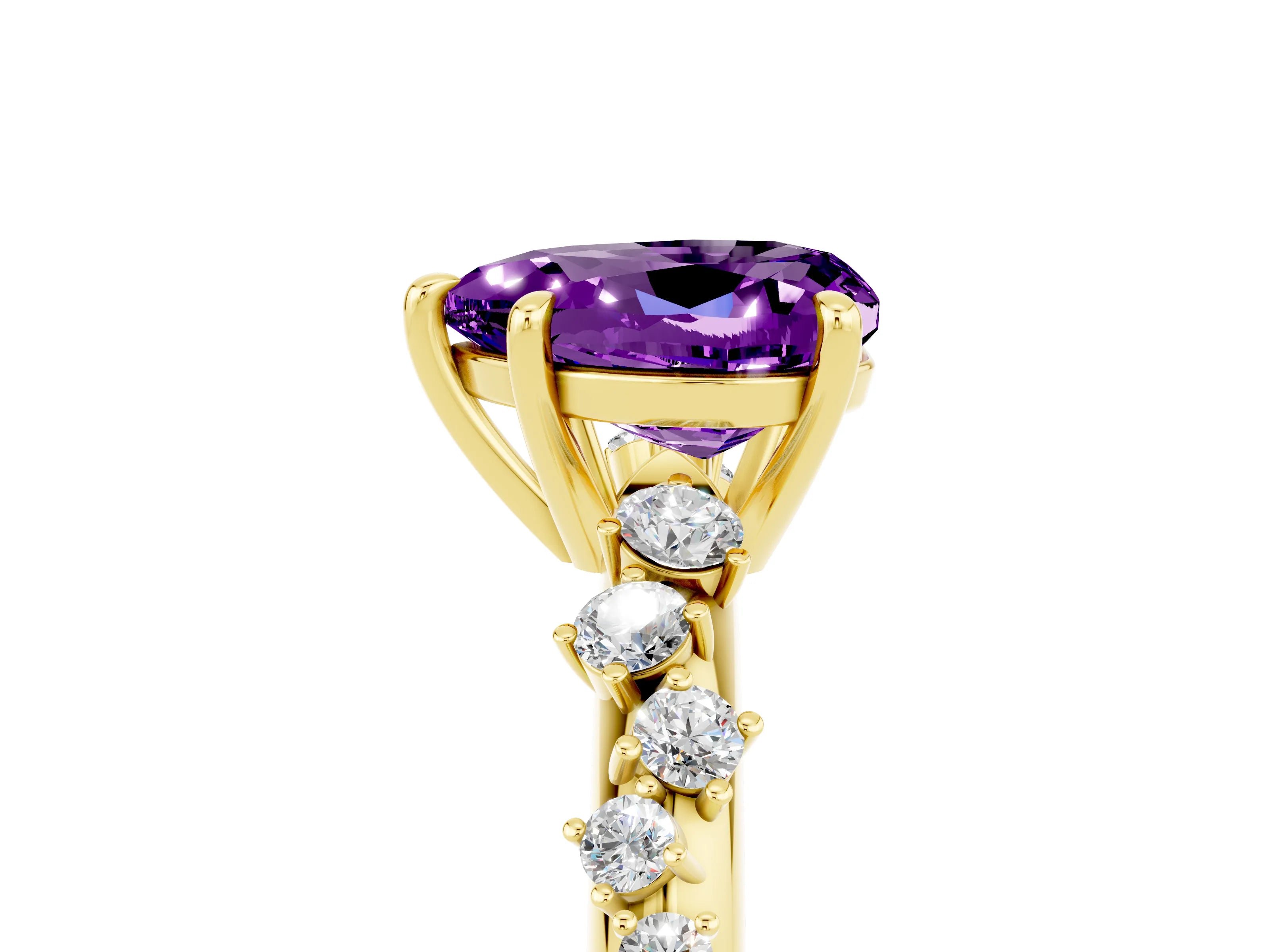 Yellow gold Heart Cut Amethyst Cluster Side Stone Solitaire Ring with Prong Setting_29