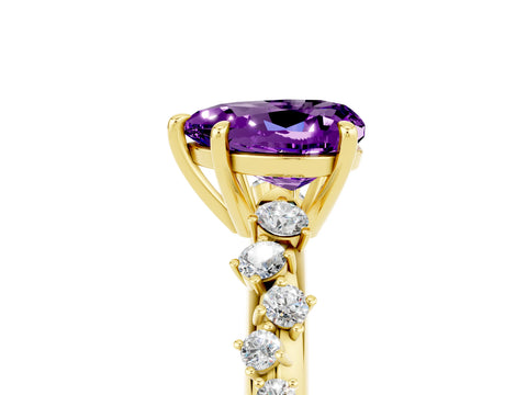 Yellow gold Heart Cut Amethyst Cluster Side Stone Solitaire Ring with Prong Setting_29