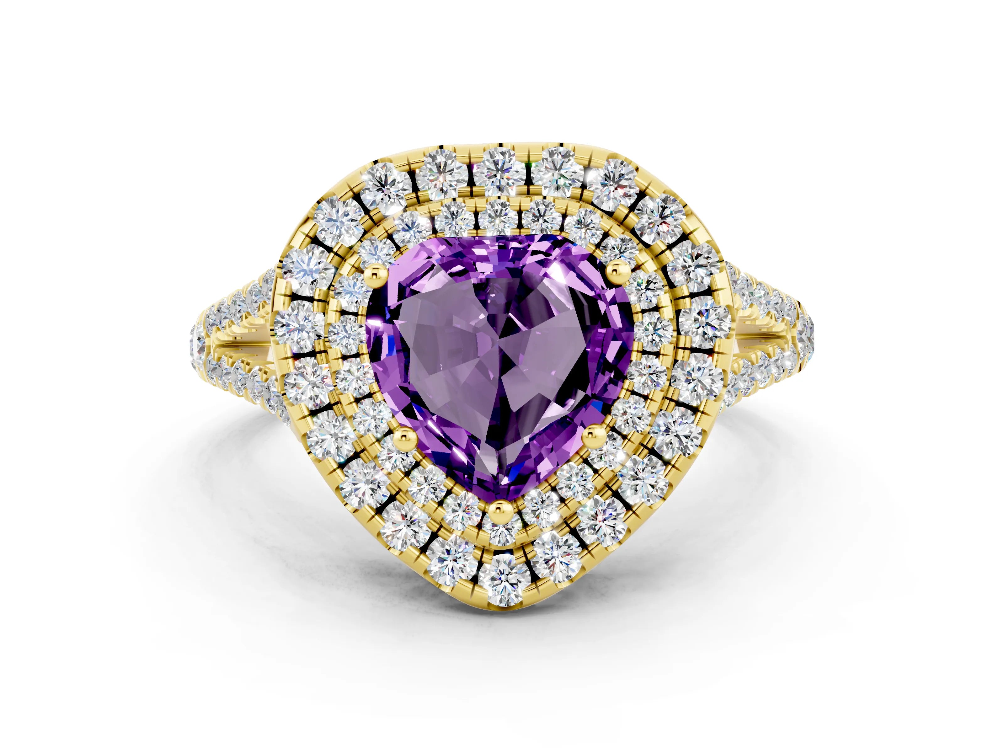 Yellow gold Heart Cut Amethyst Double Halo Ring with Pavé Band and Prong Setting_12