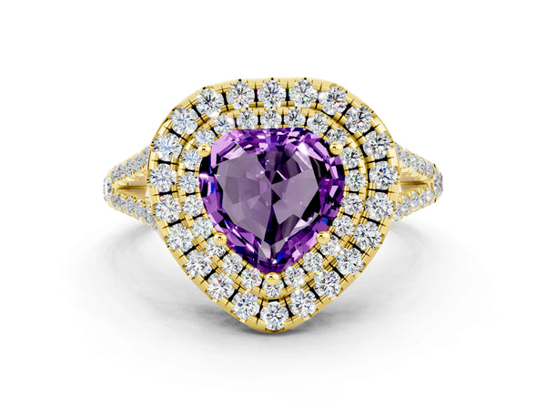 Yellow gold Heart Cut Amethyst Double Halo Ring with Pavé Band and Prong Setting
