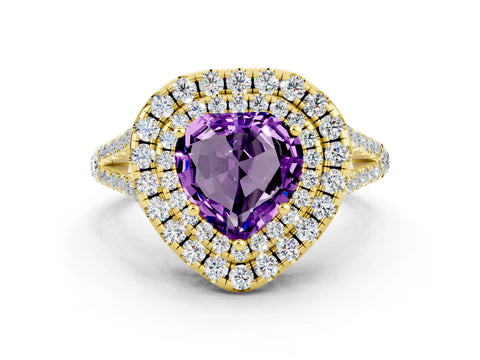 Yellow gold Heart Cut Amethyst Double Halo Ring with Pavé Band and Prong Setting_12