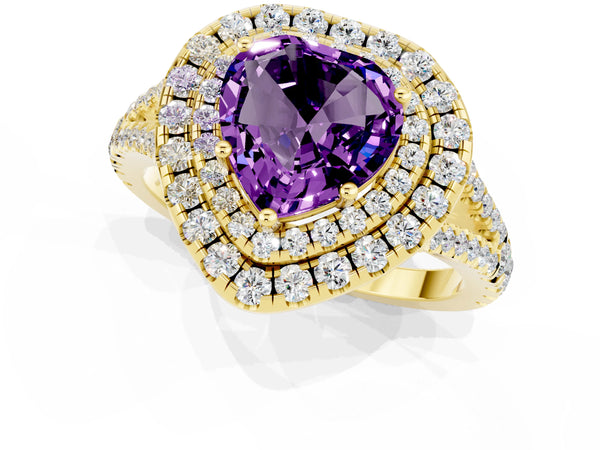 Yellow gold Heart Cut Amethyst Double Halo Ring with Pavé Band and Prong Setting