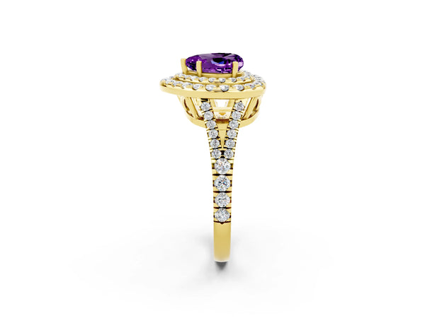 Yellow gold Heart Cut Amethyst Double Halo Ring with Pavé Band and Prong Setting