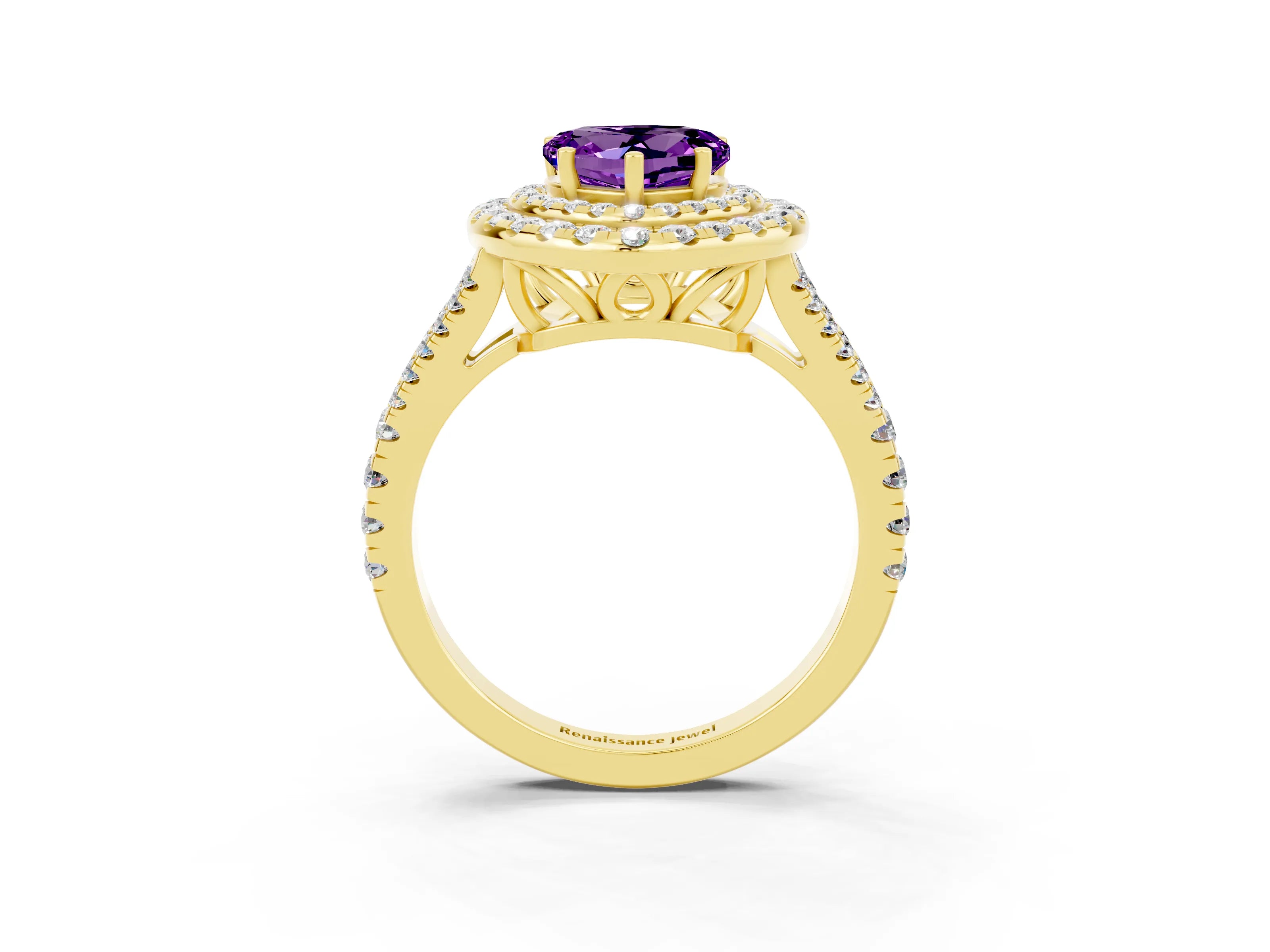 Yellow gold Heart Cut Amethyst Double Halo Ring with Pavé Band and Prong Setting_15