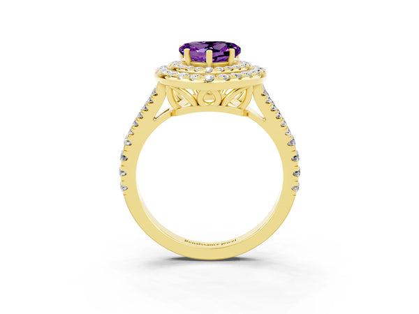 Yellow gold Heart Cut Amethyst Double Halo Ring with Pavé Band and Prong Setting