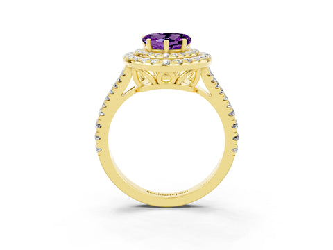Yellow gold Heart Cut Amethyst Double Halo Ring with Pavé Band and Prong Setting_15