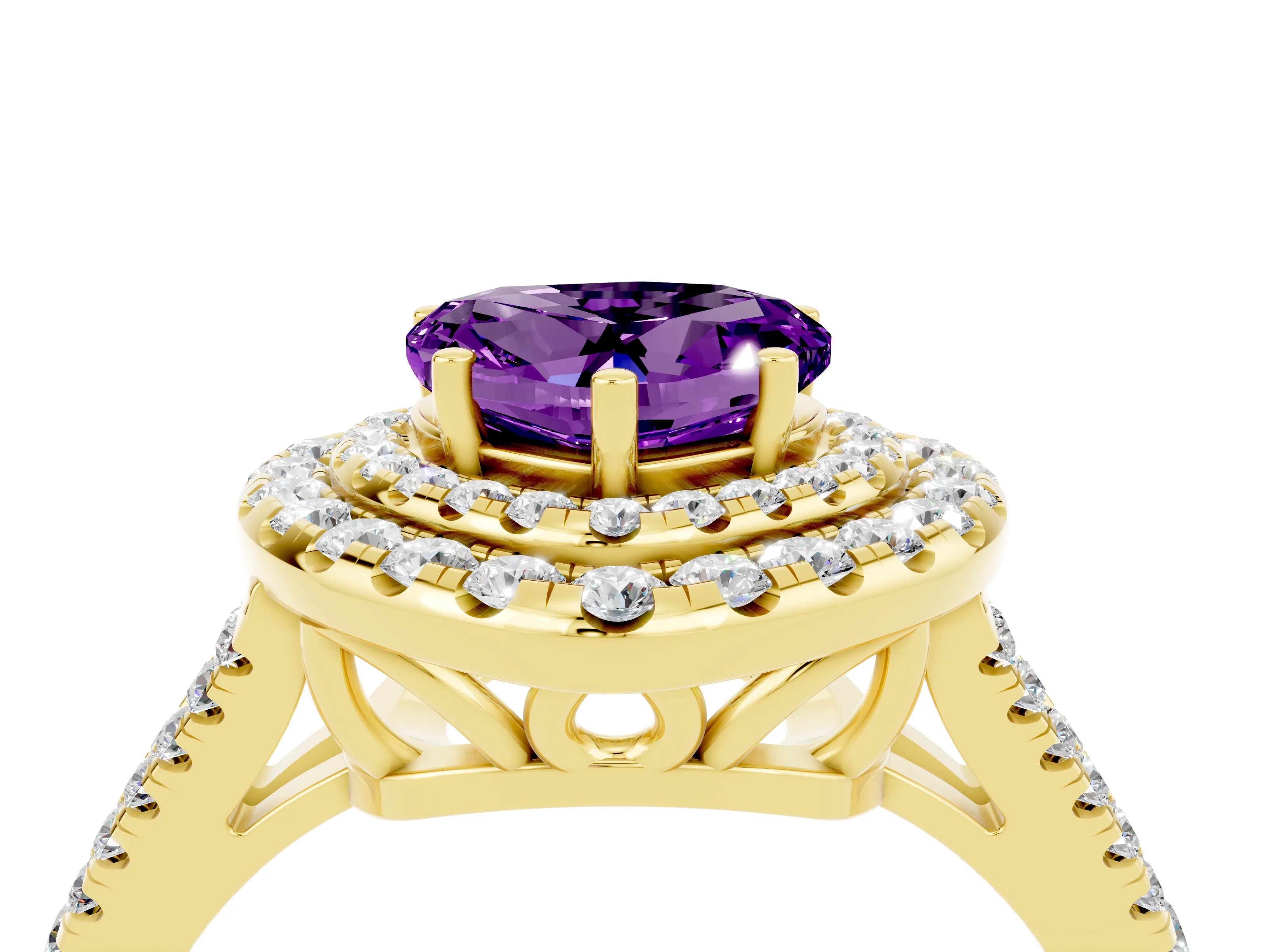 Yellow gold Heart Cut Amethyst Double Halo Ring with Pavé Band and Prong Setting_16