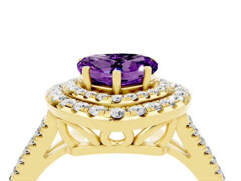 Yellow gold Heart Cut Amethyst Double Halo Ring with Pavé Band and Prong Setting_16