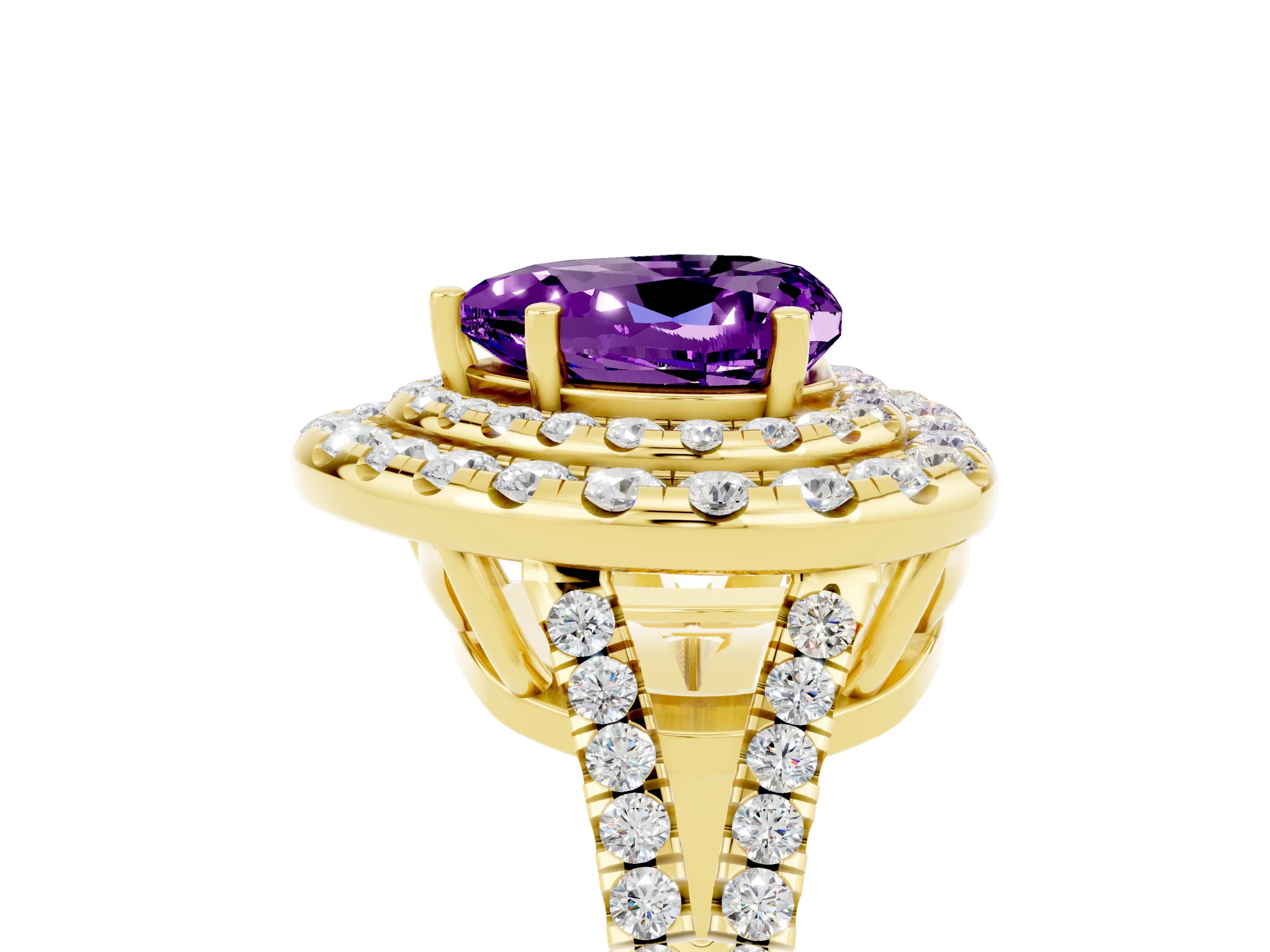 Yellow gold Heart Cut Amethyst Double Halo Ring with Pavé Band and Prong Setting_17