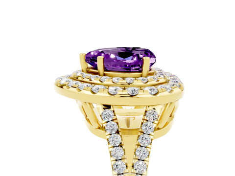 Yellow gold Heart Cut Amethyst Double Halo Ring with Pavé Band and Prong Setting_17
