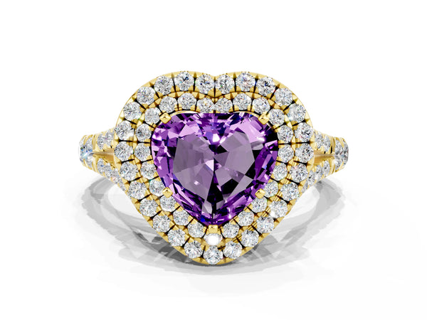 Yellow gold Heart Cut Amethyst Double Halo Ring with Split Shank and Prong Setting