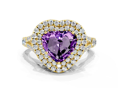 Yellow gold Heart Cut Amethyst Double Halo Ring with Split Shank and Prong Setting_12