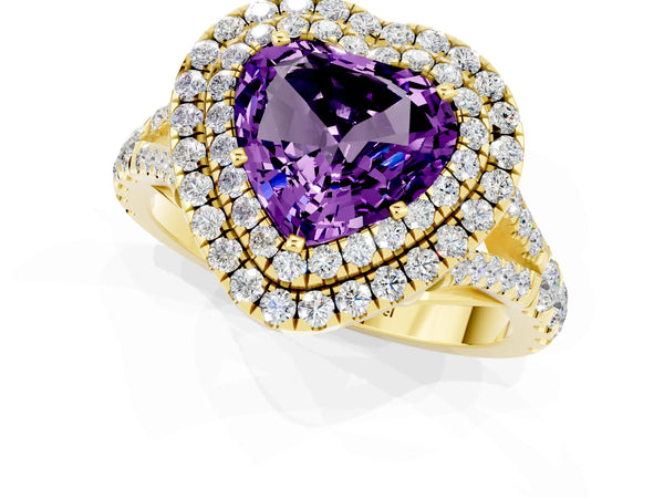 Yellow gold Heart Cut Amethyst Double Halo Ring with Split Shank and Prong Setting