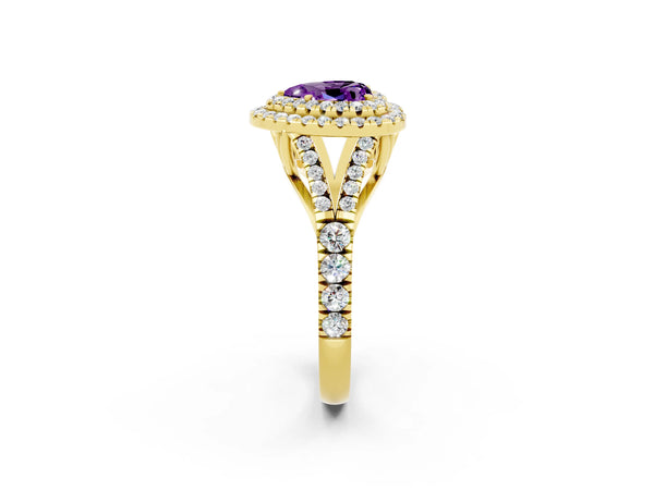 Yellow gold Heart Cut Amethyst Double Halo Ring with Split Shank and Prong Setting