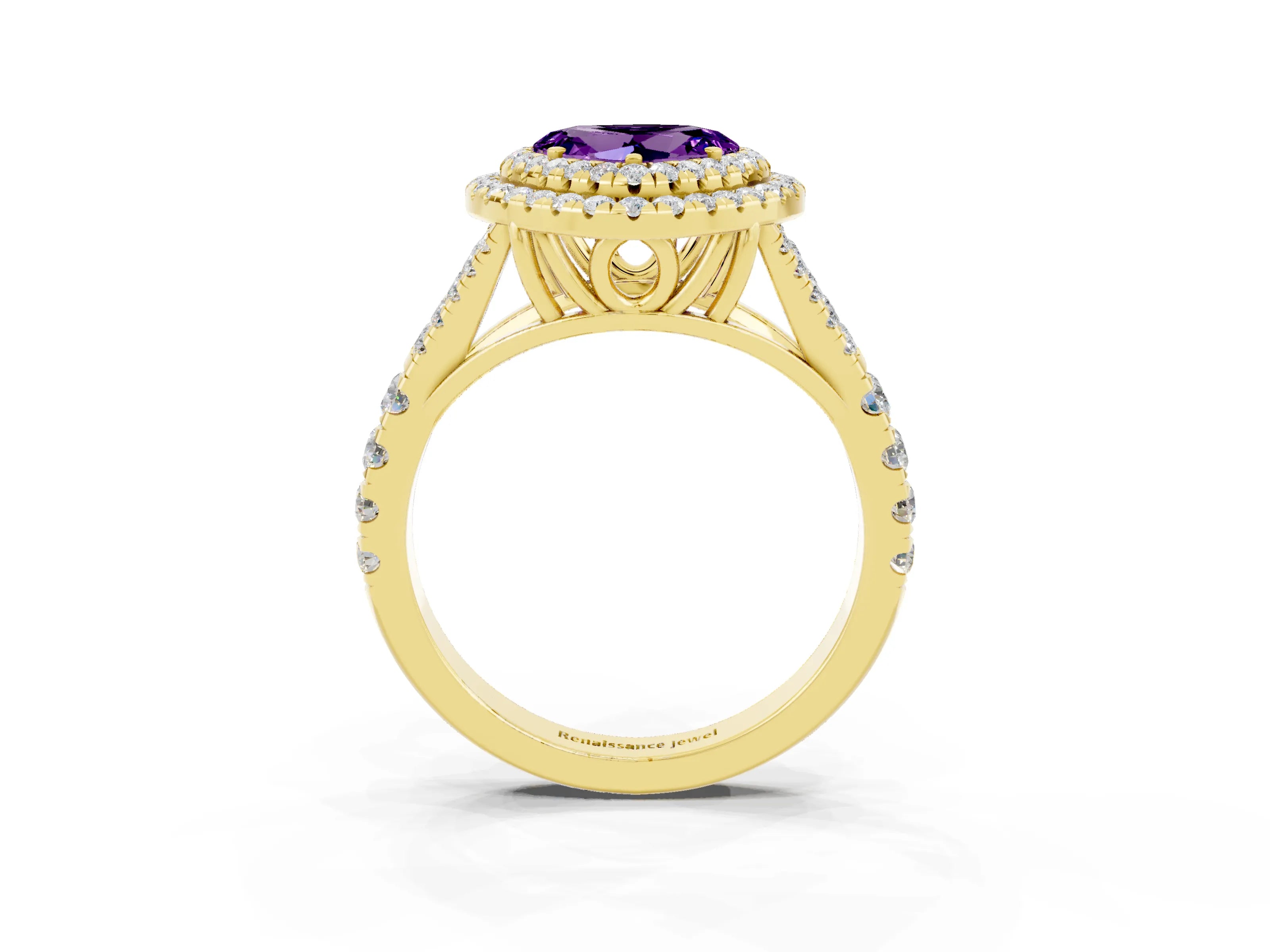 Yellow gold Heart Cut Amethyst Double Halo Ring with Split Shank and Prong Setting_15