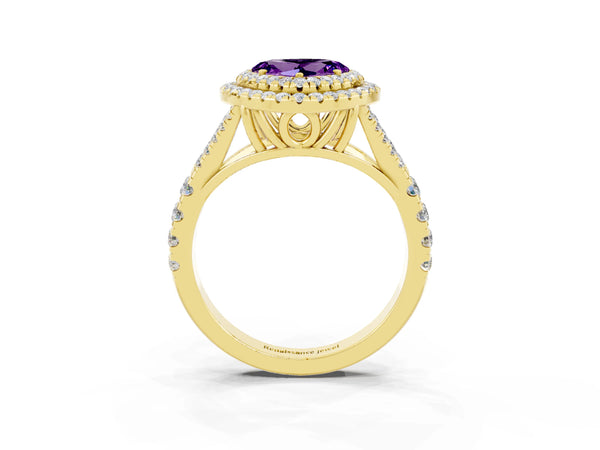 Yellow gold Heart Cut Amethyst Double Halo Ring with Split Shank and Prong Setting