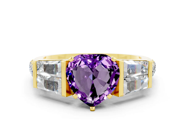 Yellow gold Heart Cut Amethyst Engagement Ring with Baguette Side Stones and Channel Set Band