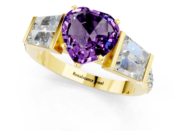 Yellow gold Heart Cut Amethyst Engagement Ring with Baguette Side Stones and Channel Set Band