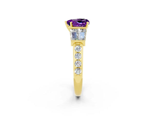 Yellow gold Heart Cut Amethyst Engagement Ring with Baguette Side Stones and Channel Set Band
