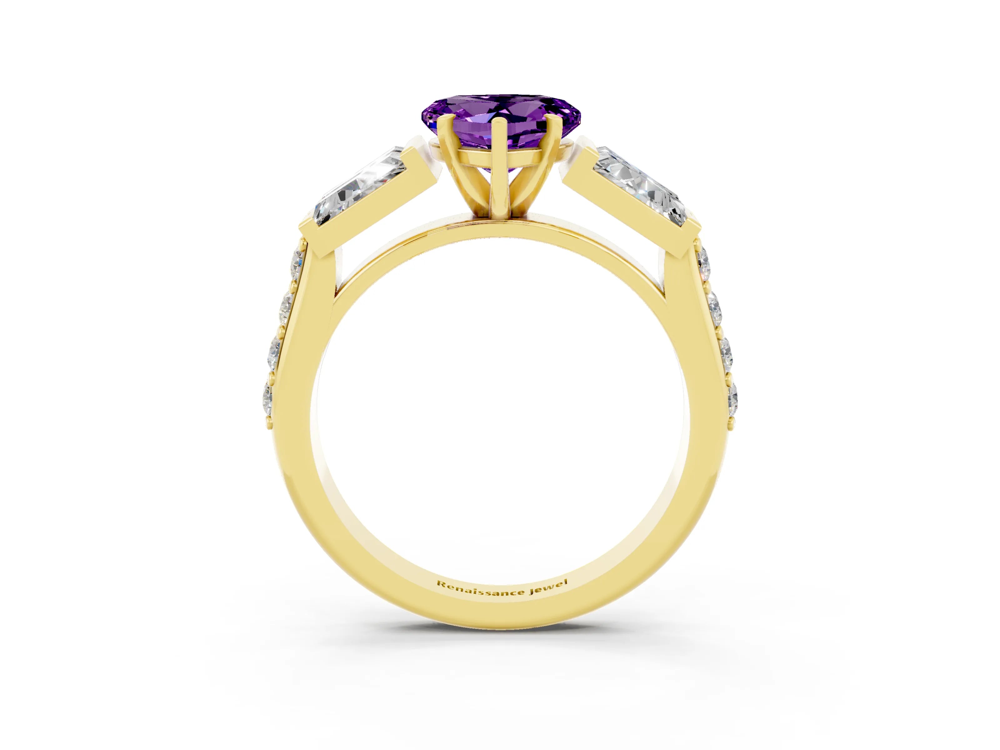 Yellow gold Heart Cut Amethyst Engagement Ring with Baguette Side Stones and Channel Set Band_3