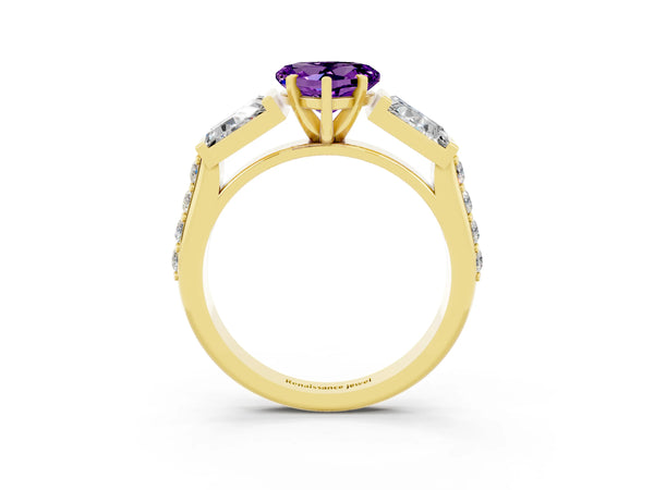 Yellow gold Heart Cut Amethyst Engagement Ring with Baguette Side Stones and Channel Set Band