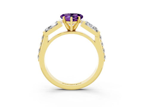 Yellow gold Heart Cut Amethyst Engagement Ring with Baguette Side Stones and Channel Set Band_3