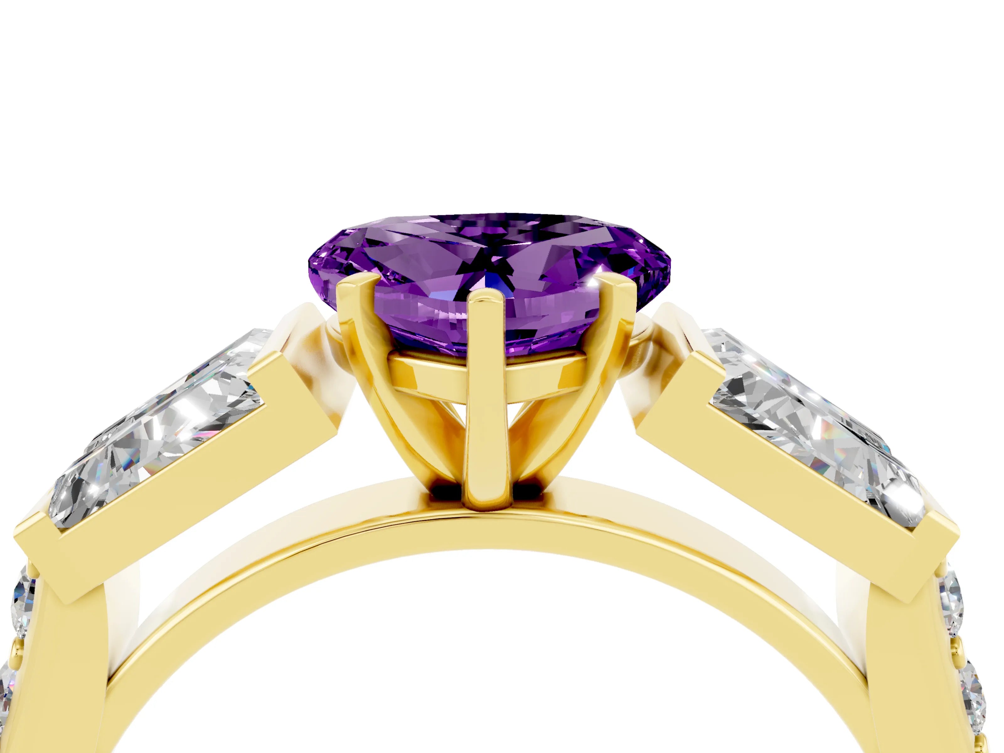 Yellow gold Heart Cut Amethyst Engagement Ring with Baguette Side Stones and Channel Set Band_4