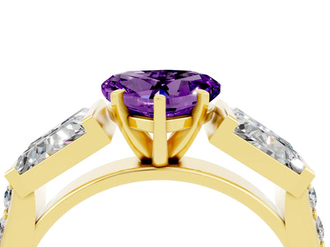Yellow gold Heart Cut Amethyst Engagement Ring with Baguette Side Stones and Channel Set Band_4