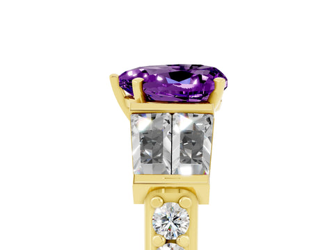 Yellow gold Heart Cut Amethyst Engagement Ring with Baguette Side Stones and Channel Set Band_5