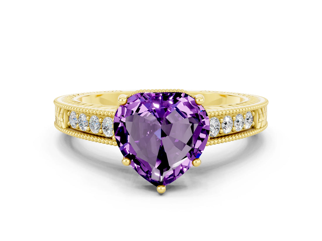 Yellow gold Heart Cut Amethyst Engagement Ring with Milgrain Channel Set Band and Prong Setting