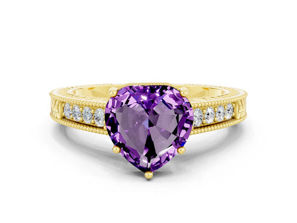Yellow gold Heart Cut Amethyst Engagement Ring with Milgrain Channel Set Band and Prong Setting